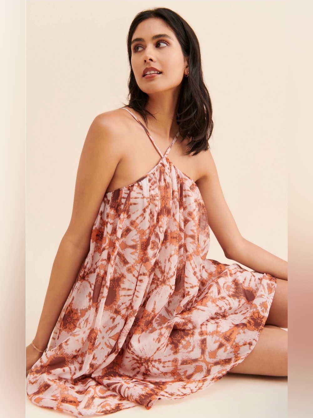 Letmebe Anthropologie Halter Printed Mini Dress Orange Pink Size M Boho - Picture 4 of 10